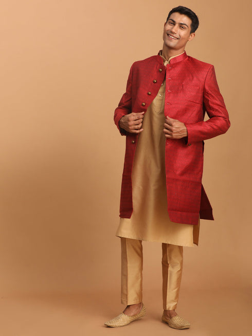 Vastramay Men's Maroon Silk Blend Sherwani With Rose Gold Kurta Pant Set